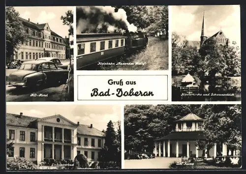 AK Bad Doberan, Ortspartien Hotel, Kleinbahn Rasende Molly und Eisenmoorbad