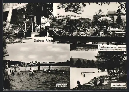AK Steinsee, Partien mit Seeblick, dem Badestrand und der Steinsee-Alm
