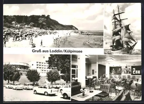 AK Loddin /Kölpinsee, Strandleben, FDGB-Erholungheim mit parkenden Trabanten und der Bar