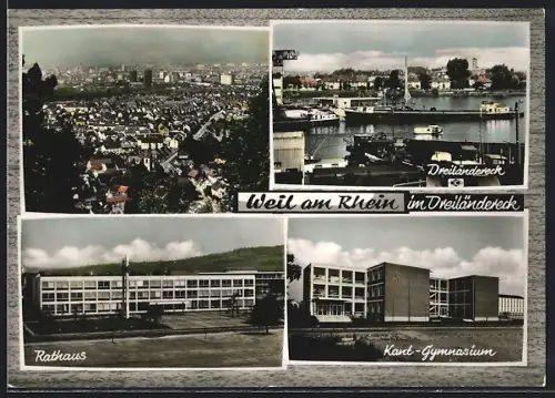 AK Weil am Rhein, Ortsansicht und Partien am Rathaus und Kant-Gymnasium