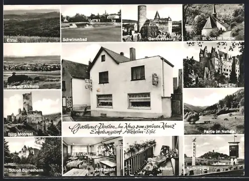 AK Alzheim /Eifel, Partien Gasthaus Im Krug zum grünen Kranz, Burg Monreal und Burg Eltz