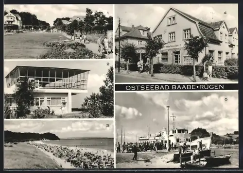 AK Baabe, HO-Gaststätte Inselparadies, Strand, FDGB-Erholungsheim Mathias-Thesen-Heim, Dampferanlegestelle