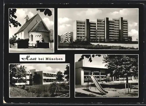 AK Haar bei München, Partie an der Kirche, Hochhaus und Spielplatz