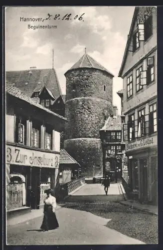 AK Hannover, Beguinenturm mit Bäckerei Löding und Gasthof zur Inselburg