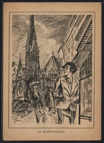 Künstler-AK Berlin-Charlottenburg, Gedächtniskirche am Kurfürstendamm
