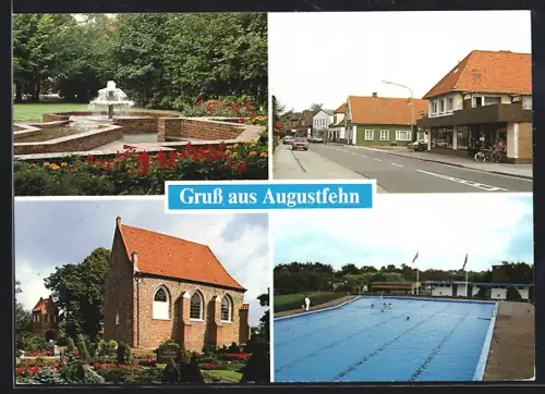 AK Augustfehn, Park mit Springbrunnen, Kirche und Friedhof, Schwimmbad