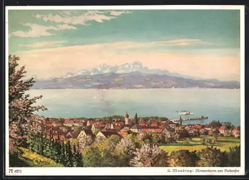 Künstler-AK Nonnenhorn am Bodensee, Ortsansicht mit See- und Alpenblick