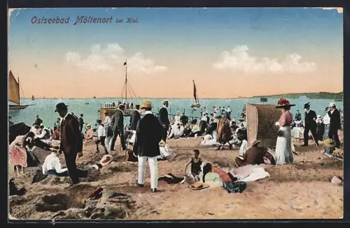 AK Möltenort bei Kiel, Strandleben mit Steg
