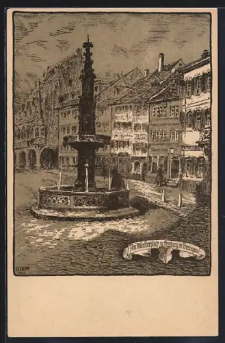 Steindruck-AK Freiburg / Breisgau, Brunnen am Münsterplatz