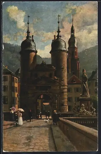 AK Heidelberg, Das Brückentor und das Denkmal Karl Theodors auf der alten Neckarbrücke
