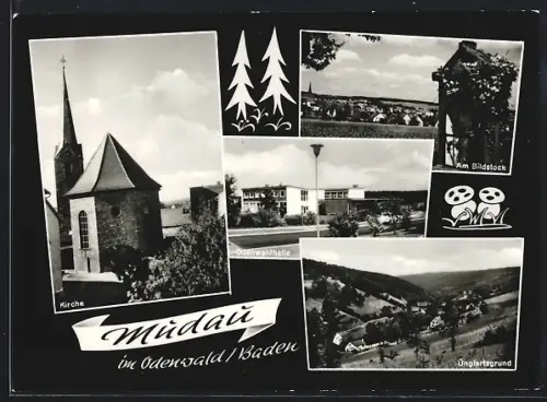 AK Mudau /Odenwald, Die Kirche, Die Odenwaldhalle, Blick auf den Ünglertsgrund