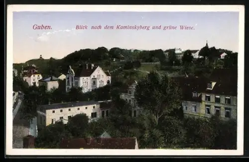 AK Guben, Blick nach dem Kaminskyberg und grüne Wiese