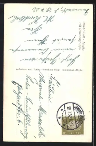 AK Immenstadt, Ortsmitte mit Kirche und Alpenpanorama