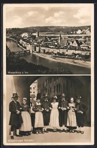 AK Wasserburg a. Inn, Teilansicht mit Inn, 4 Paare in Wasserburger Alttracht