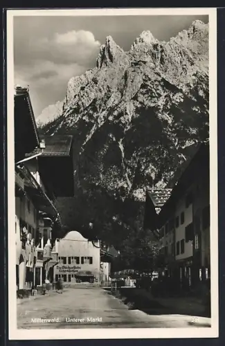 AK Mittenwald, Unterer Markt mit Leihbibliothek Bücherstube