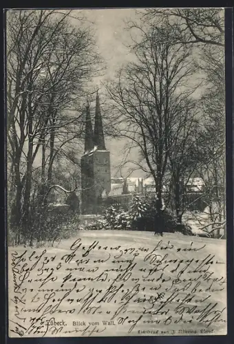 AK Lübeck, Blick vom Wall zum Dom im Winter