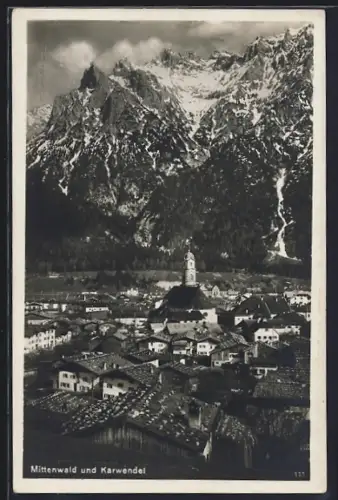 AK Mittenwald, Teilansicht mit Kirche und Karwendel
