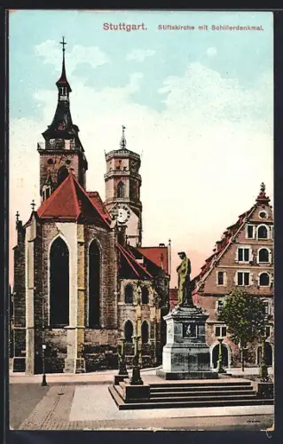 AK Stuttgart, Stiftskirche mit Schillerdenkmal