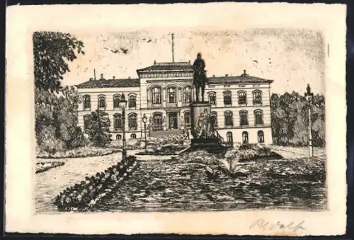 Künstler-AK Kiel, Universität mit Reiter-Standbild