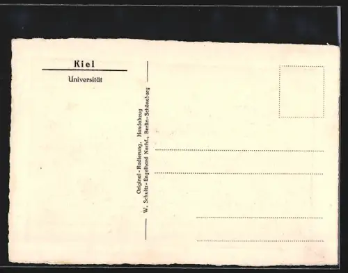 Künstler-AK Kiel, Universität mit Reiter-Standbild