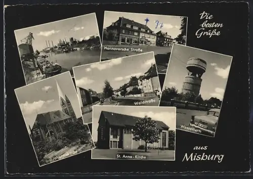 AK Misburg, St. Anna-Kirche, Wasserturm, Hafen