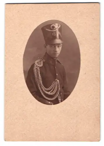 Fotografie Fotograf und Ort unbekannt, Landwehr-Soldat in Uniform mit Tschako und Achselschnur