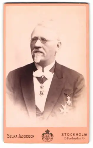 Fotografie Selma Jacobsson, Stockholm, Fredsgatan 15, Veteran im Anzug mit Orden,1891, Halsorden