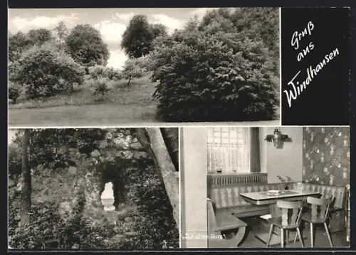 AK Windhausen / Harz, Gasthaus Zur alten Burg, Obere Harzstrasse 1, Innenansicht, Felsen, Ortspartie