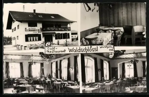 AK Waldheim / Rosenheim, Café-Restaurant Waldschlössl, Innenansichten, Aussenansicht