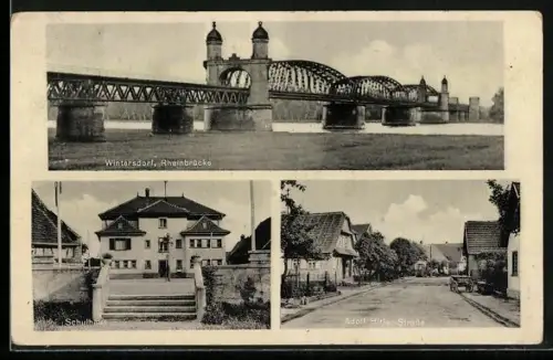 AK Wintersdorf / Rastatt, Rheinbrücke, Schulhaus, Strasse