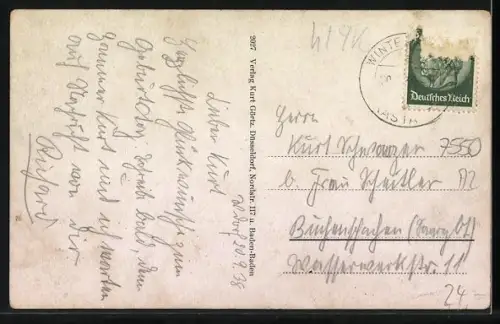 AK Wintersdorf / Rastatt, Rheinbrücke, Schulhaus, Strasse