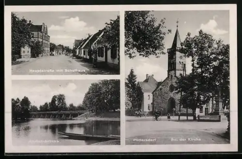 AK Plittersdorf / Württ., Hauptstrasse mit Schulhaus, Rheinbrücke, bei der Kirche