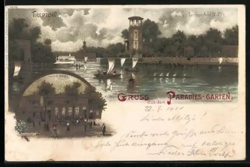 Lithographie Treptow, Gasthof Paradies-Garten, Aussichtsturm, Bootsfahrt