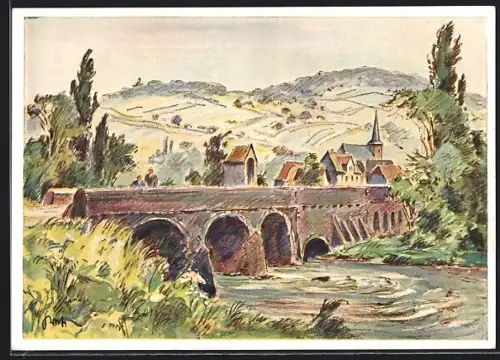 Künstler-AK Reinheim / Bliestal, Alte Brücke, Kirche, Ortsansicht
