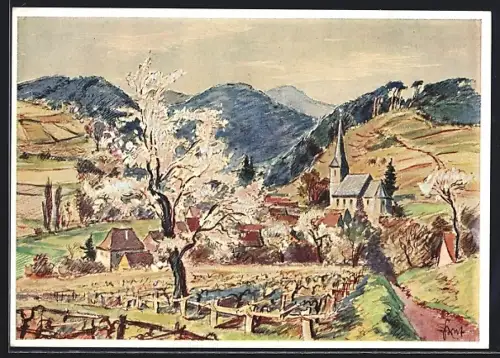 Künstler-AK Rechtenbach / Pfalz a. d. Deutschen Weinstrasse, Kirche, Weinberge