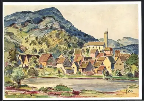 Künstler-AK Schönau / Wasgau, Kirche, Dorfansicht