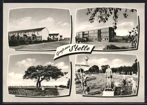 AK Stelle / Harburg, Freibad mit Besuchern, Wohnhäuser