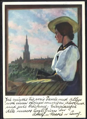 Künstler-AK Bern, Sonntagmorgen, Bernerin in Tracht blickt auf die Stadt