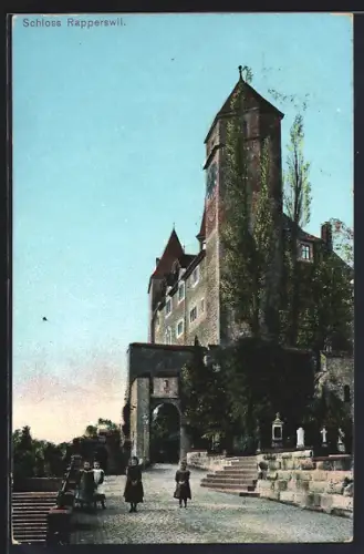 AK Rapperswil, Schloss mit Einfahrt, Treppen, Grabmälern und Portal