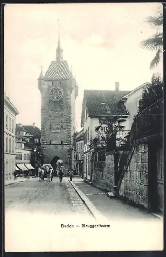 AK Baden, Bruggerthurm und Strasse, mit Mauer