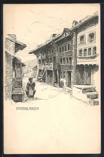 Künstler-AK Interlaken, Strassenpartie mit Waschfrau