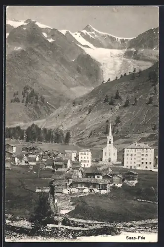 AK Saas-Fée, Totalansicht mit Bergpanorama aus der Vogelschau