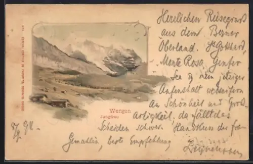 Lithographie Wengen, Bergstrasse mit Gebäuden und Jungfrau