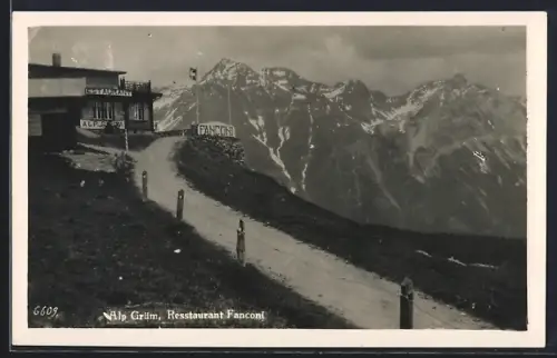 AK Alp Grüm, Restaurant Fanconi mit Strasse und Bergpanorama