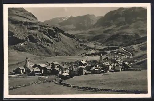 AK Bivio am Julier, Gesamtansicht mit Tal und Bergen aus der Vogelschau