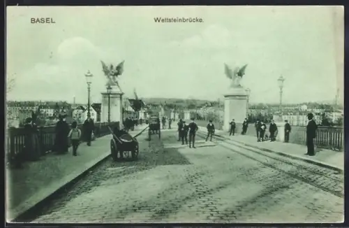 AK Basel, Wettsteinbrücke mit Engelfiguren und Karren