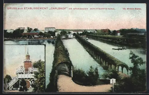 AK Berlin-Charlottenburg, Gasthaus Carlshof am Spandauer Schiffahrtskanal, Inh. Wilhelm Wiemer