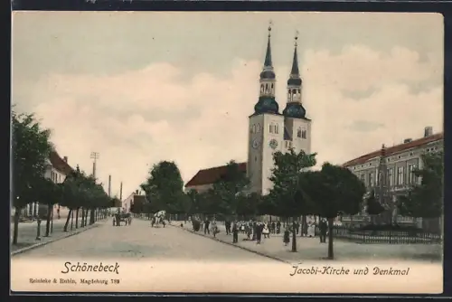 AK Schönebeck / Elbe, Jacobi-Kirche und Denkmal