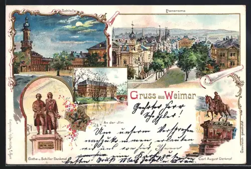 Lithographie Weimar / Thüringen, Schloss, Goethe-Schiller-Denkmal, Carl-August-Denkmal, Panorama