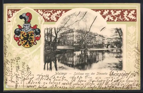 AK Weimar, Schloss von der Ilmseite, Ritterhelm und Wappen, Passepartout